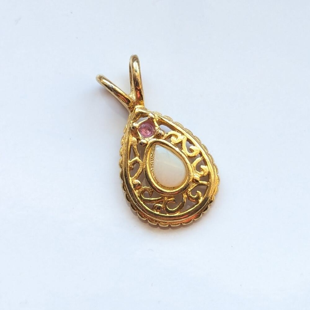 Vintage Gold Tone Filigree Faux Opal Pink Rhinestone Necklace Pendant
